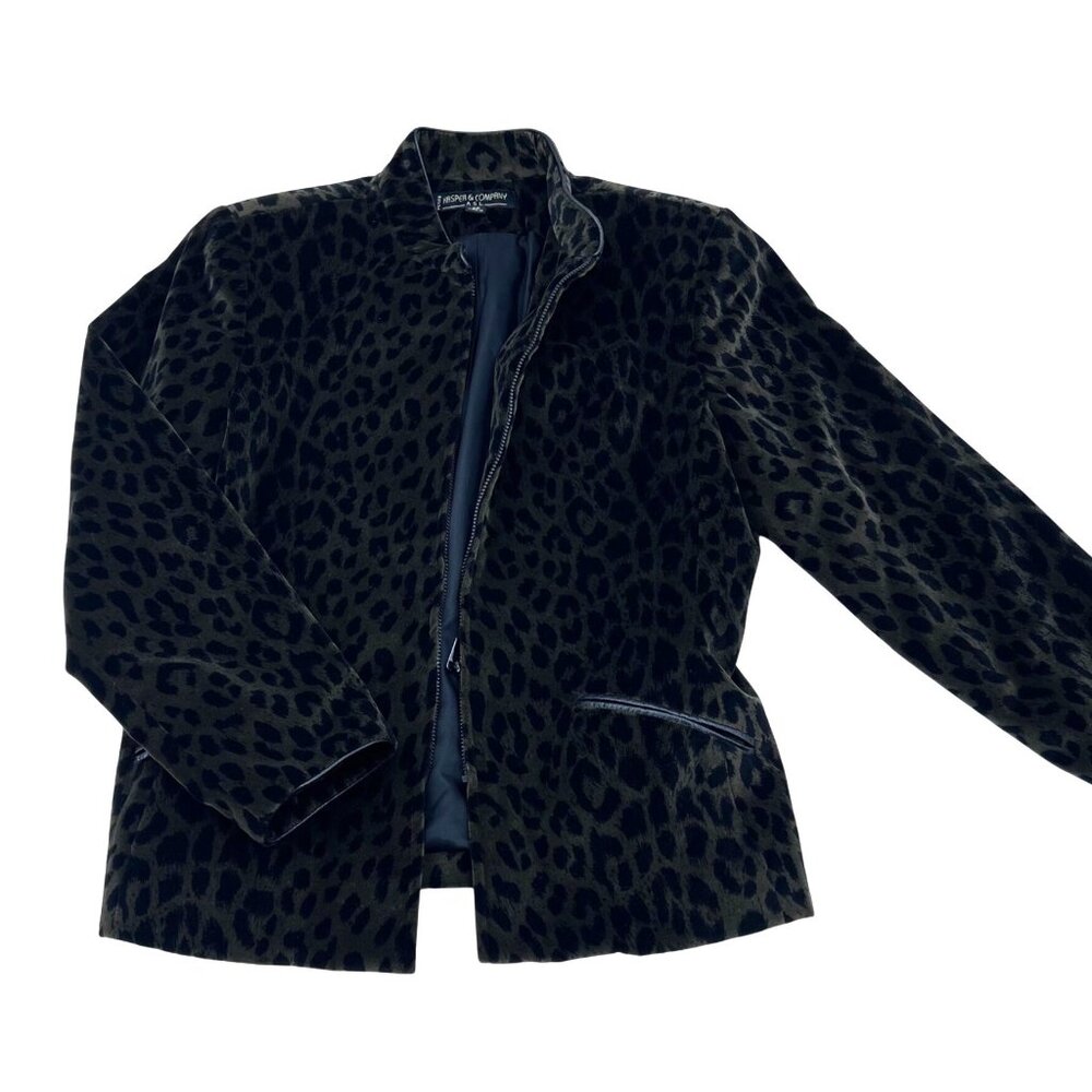Kasper & Company Petite Leopard Print Blazer Jacket 8P Black & Brown Cotton Blen